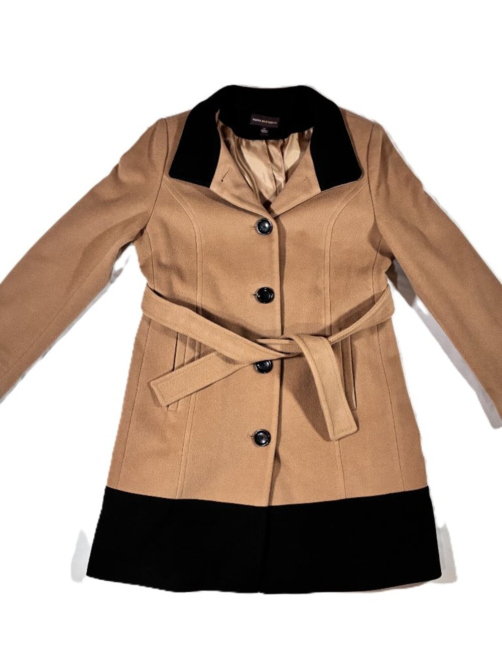 Dana Buchman Women's Wool Blend Coat Sz M, Tan & Black Colorblock Lined w/ Belt